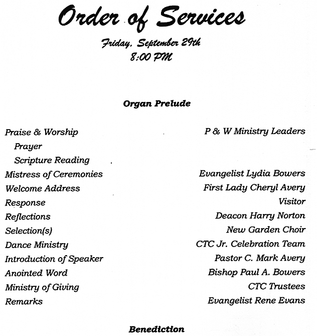 order of services at Greater Works Ministries